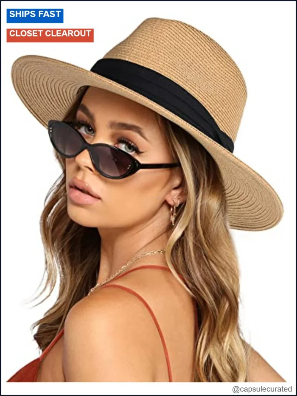 Wide Brim Straw Fedora Hat with UPF Protection & Chin Strap for Summer